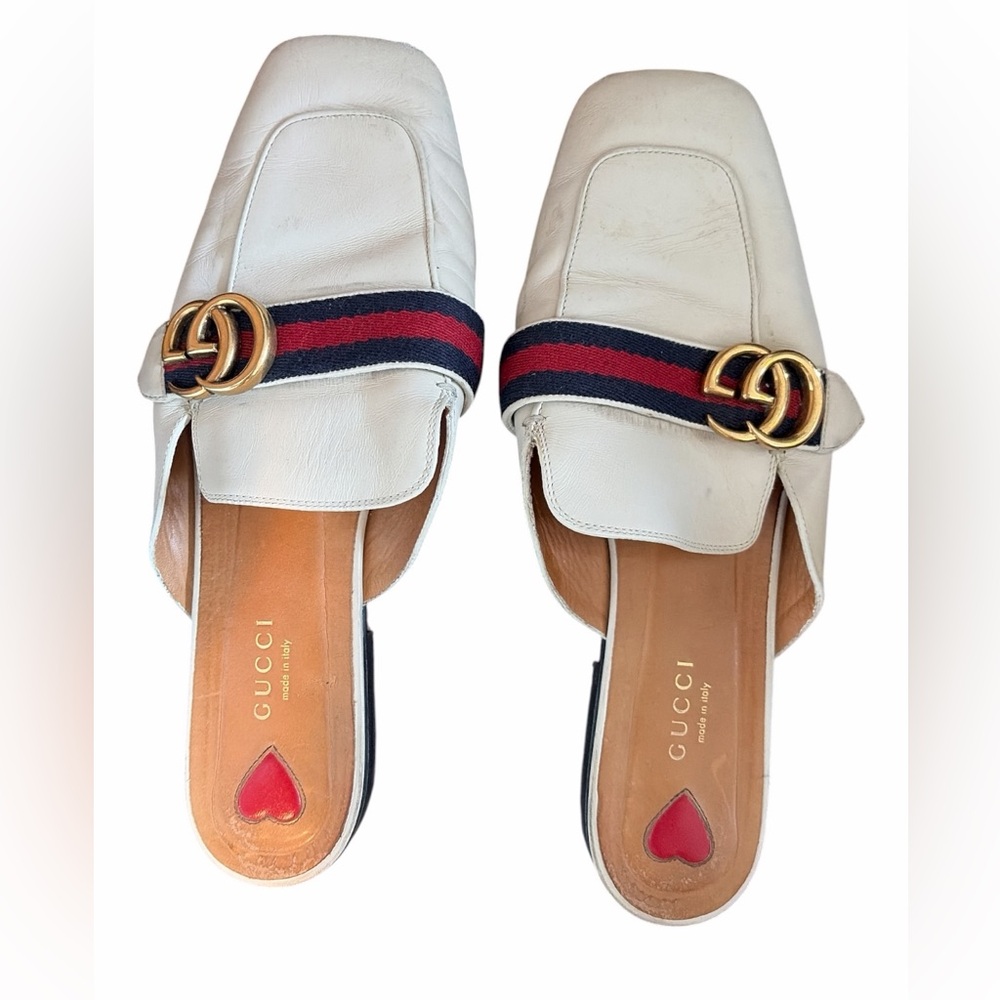 Gucci White Leather Slide Mules with Navy & Red Web and Gold Double G